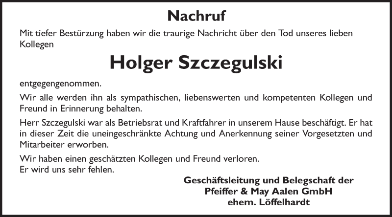 Traueranzeige für Holger Szczegulski vom 30.12.2015 aus Schwäbische Post