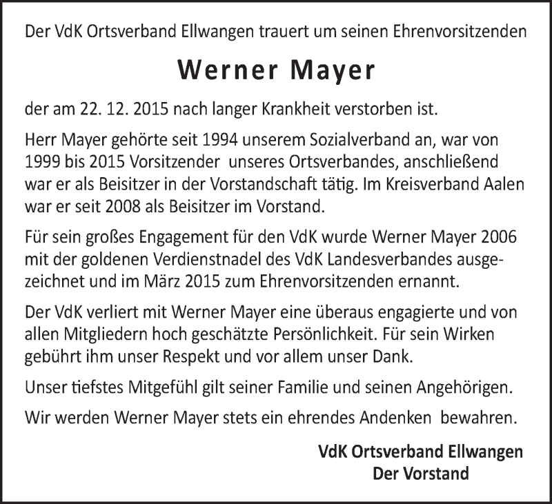  Traueranzeige für Werner Mayer vom 28.12.2015 aus Schwäbische Post