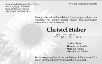 Traueranzeige von Christel Huber von Schwäbische Post