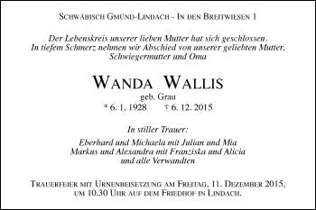 Traueranzeige von Wanda Wallis von Gmünder Tagespost