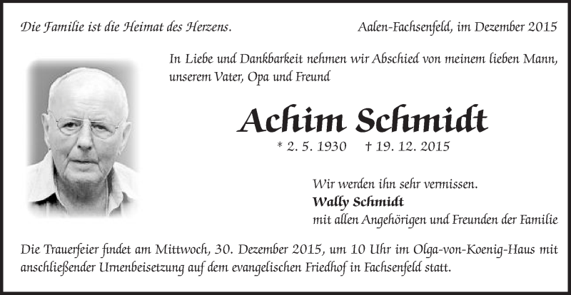  Traueranzeige für Achim Schmidt vom 28.12.2015 aus Schwäbische Post