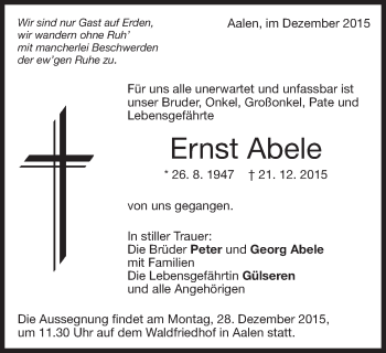 Traueranzeige von Ernst Abele von Schwäbische Post