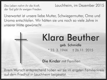 Traueranzeige von Klara Beuther von Schwäbische Post