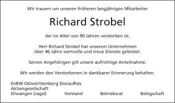 Traueranzeige von Richard Strobel von Schwäbische Post