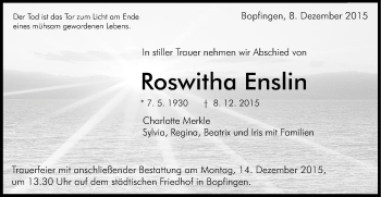 Traueranzeige von Roswitha Enslin von Schwäbische Post