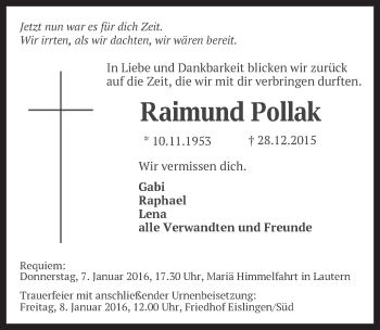 Traueranzeige von Raimund Pollak von Gmünder Tagespost