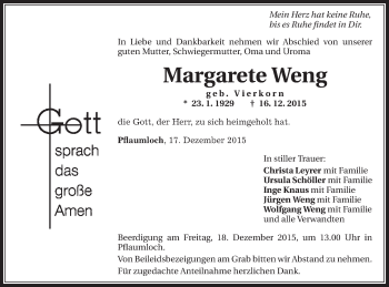 Traueranzeige von Margarete Weng von Schwäbische Post