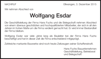 Traueranzeige von Wolfgang Esdar von Schwäbische Post