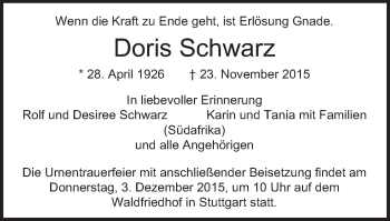 Traueranzeige von Doris Schwarz von Gmünder Tagespost