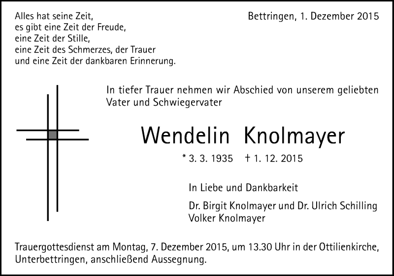  Traueranzeige für Wendelin Knolmayer vom 04.12.2015 aus Gmünder Tagespost