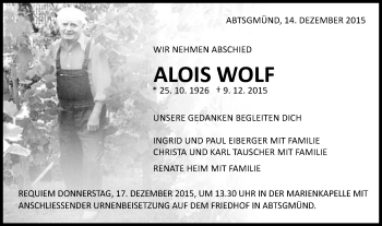 Traueranzeige von Alois Wolf von Schwäbische Post