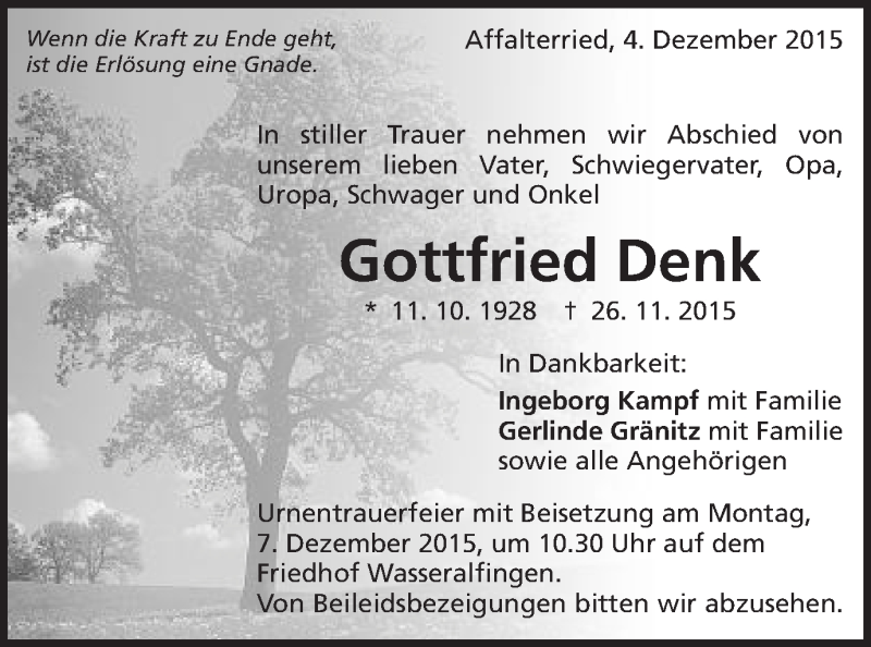  Traueranzeige für Gottfried Denk vom 04.12.2015 aus Schwäbische Post