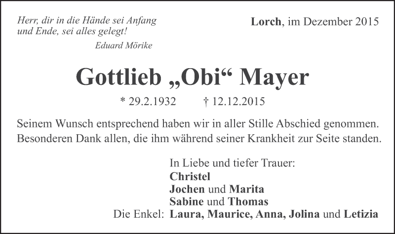  Traueranzeige für Gottlieb Mayer vom 19.12.2015 aus Gmünder Tagespost