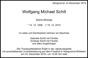 Traueranzeige von Wolfgang Michael Schill von Schwäbische Post