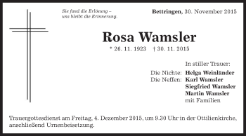 Traueranzeige von Rosa Wamsler von Gmünder Tagespost