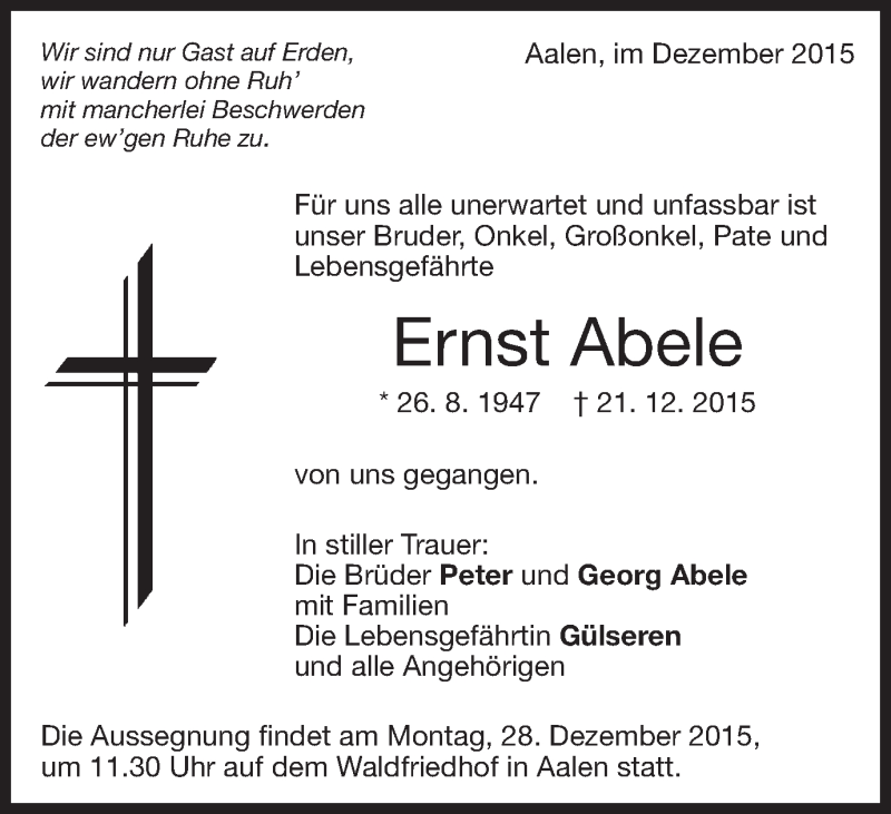  Traueranzeige für Ernst Abele vom 24.12.2015 aus Schwäbische Post