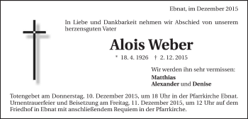 Traueranzeige von Alois Weber von Schwäbische Post