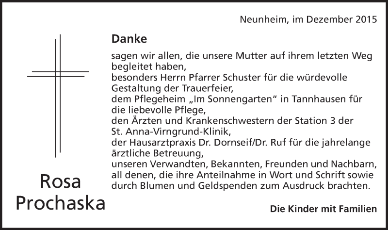  Traueranzeige für Rosa Prochaska vom 28.12.2015 aus Schwäbische Post