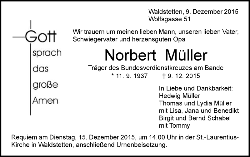  Traueranzeige für Norbert Müller vom 11.12.2015 aus Gmünder Tagespost