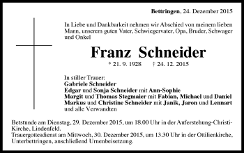 Traueranzeige von Franz Schneider von Gmünder Tagespost