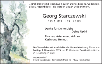 Traueranzeige von Georg Starczewski von Gmünder Tagespost