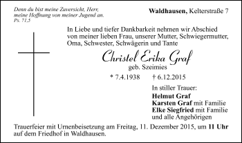 Traueranzeige von Christel Erika Graf von Gmünder Tagespost