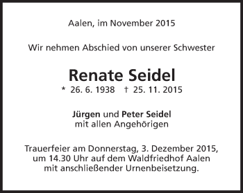 Traueranzeige von Renate Seidel von Schwäbische Post