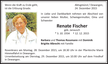Traueranzeige von Renate Fischer von Schwäbische Post
