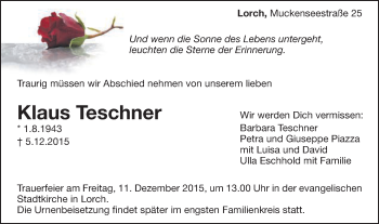 Traueranzeige von Klaus Teschner von Gmünder Tagespost