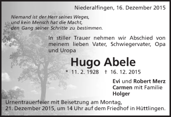 Traueranzeige von Hugo Abele von Schwäbische Post