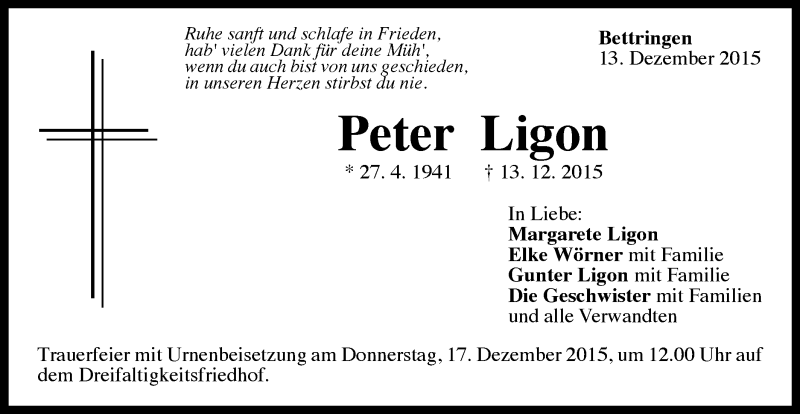  Traueranzeige für Peter Ligon vom 15.12.2015 aus Gmünder Tagespost