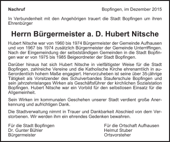 Traueranzeige von Hubert Nitsche von Schwäbische Post
