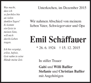 Traueranzeige von Emil Schäffauer von Schwäbische Post