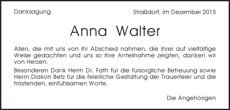  Traueranzeige für Anna Walter vom 16.12.2015 aus Gmünder Tagespost