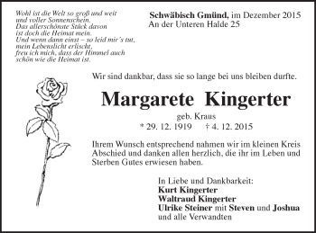Traueranzeige von Margarete Kingerter von Gmünder Tagespost