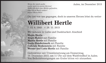 Traueranzeige von Willibald Hertle von Schwäbische Post