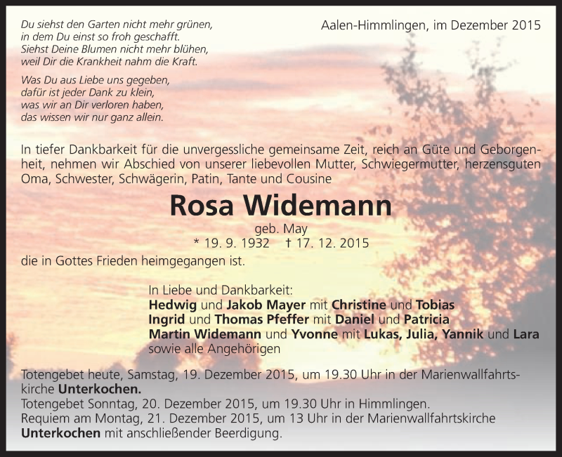  Traueranzeige für Rosa Widemann vom 19.12.2015 aus Schwäbische Post