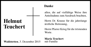 Traueranzeige von Helmut Teuchert von Gmünder Tagespost