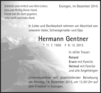 Traueranzeige von Hermann Gentner von Schwäbische Post