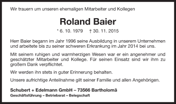 Traueranzeige von Roland Baier von Gmünder Tagespost