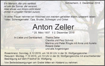 Traueranzeige von Anton Zeller