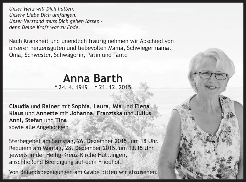  Traueranzeige für Anna Barth vom 23.12.2015 aus Schwäbische Post