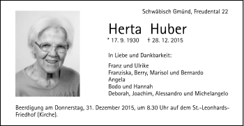 Traueranzeige von Herta Huber von Gmünder Tagespost
