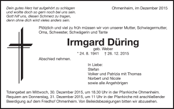 Traueranzeige von Irmgard Düring von Schwäbische Post