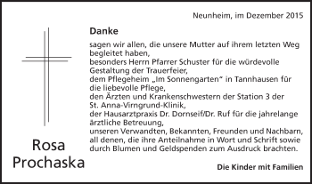 Traueranzeige von Rosa Prochaska von Schwäbische Post