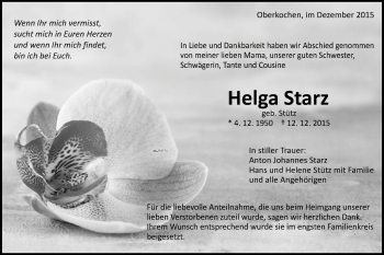 Traueranzeige von Helga Starz von Schwäbische Post