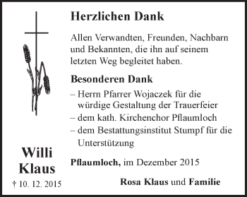 Traueranzeige von Willi Klaus von Schwäbische Post