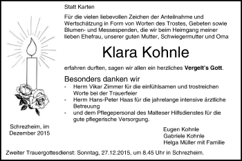 Traueranzeige von Klara Kohnle von Schwäbische Post