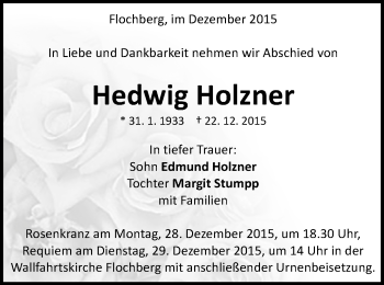 Traueranzeige von Hedwig Holzner von Schwäbische Post