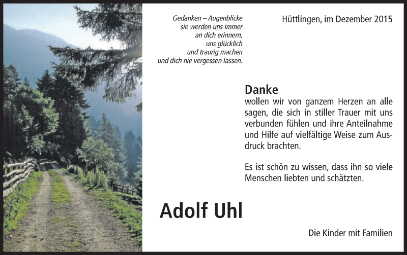  Traueranzeige für Adolf Uhl vom 05.12.2015 aus Schwäbische Post
